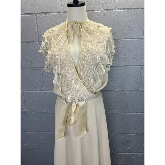 Vintage 1980s Cream Ivory Chiffon Lace Overlay Midi Dress Keyhole Neck Large - Picture 4 of 9